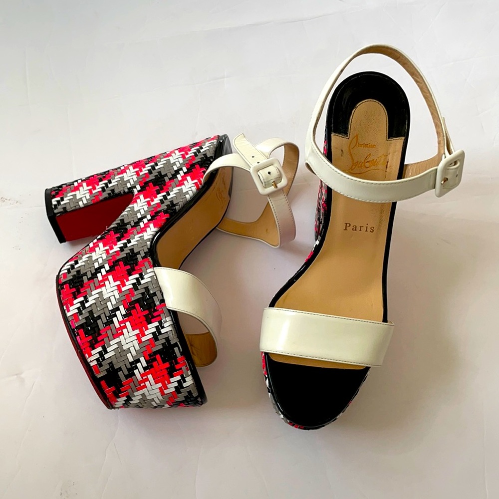 Christian Louboutin Rare bella platform sandal white leather strappy tweed 39